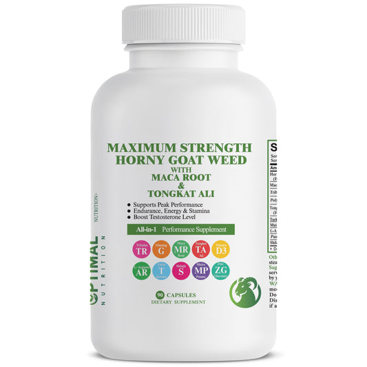 OPTIMAL NUTRITION MAXIMUM STRENGTH HORNY GOAT WEED WITH MACA ROOT & TONGKAT ALI FOR MEN & WOMEN - 90 CAPSULES / 1000MG