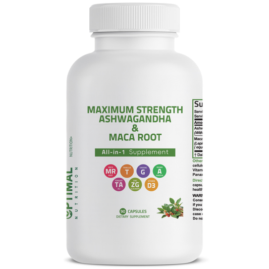 OPTIMAL NUTRITION MAXIMUM STRENGTH ASHWAGANDHA WITH MACA ROOT Stress & Mood Support with BioPerine - Non GMO Formula, 90 Vegetarian Capsules